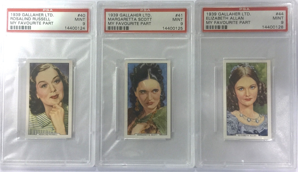 Lot of 3 - 1939 Gallaher Actress Cards w. Rosalind Russell - PSA 9