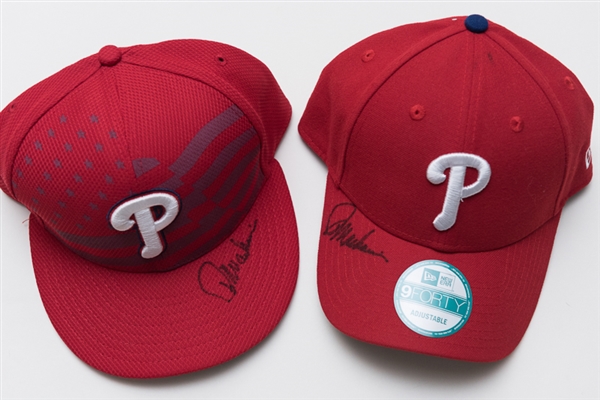 Lot of Two Pete Mackanin (Phillies Manager) Signed & Game Used Hats - MLB COA