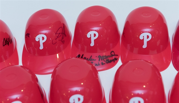 Lot of 11 Philadelphia Phillies Signed Mini Batting Helmets w. Charlie Manuel