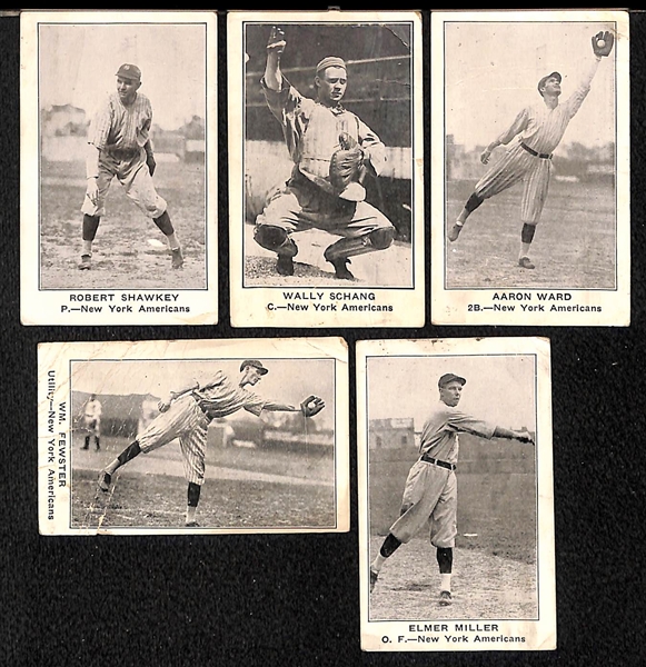 Lot of (5) 1922 E121 American Caramel Cards of New York Yankees.