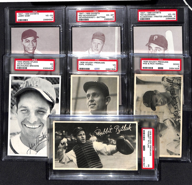 Lot of 7 Assorted PSA Graded Exhibit & Goudey Premium Cards w. Doby