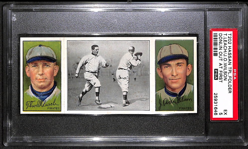 1912 T202 Hassan Triple Folder T.Leach/J.O. Wilson, Donlin Out at First - PSA 5