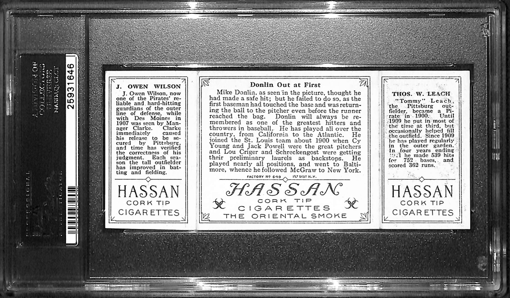 1912 T202 Hassan Triple Folder T.Leach/J.O. Wilson, Donlin Out at First - PSA 5