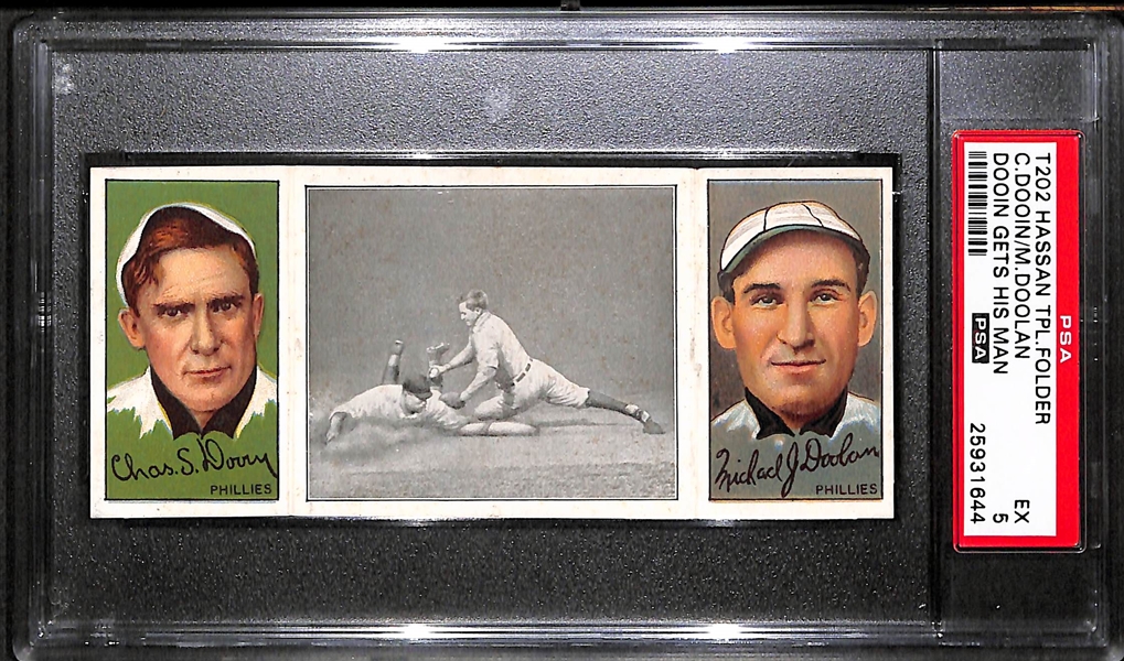 1912 T202 Hassan Triple Folder C.Dooin/M.Doolan, Dooin Gets His Man - PSA 5