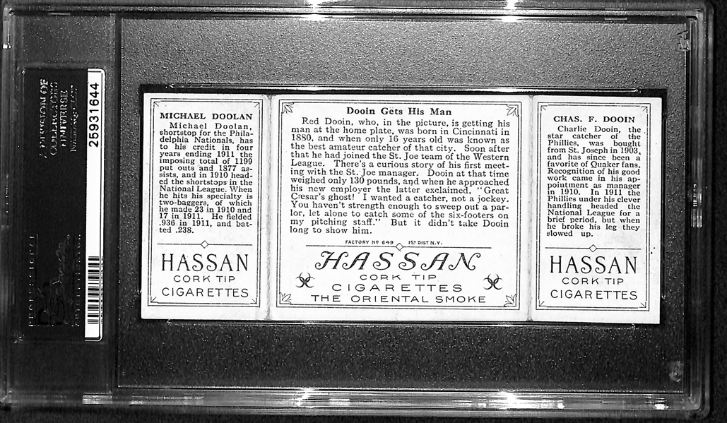 1912 T202 Hassan Triple Folder C.Dooin/M.Doolan, Dooin Gets His Man - PSA 5