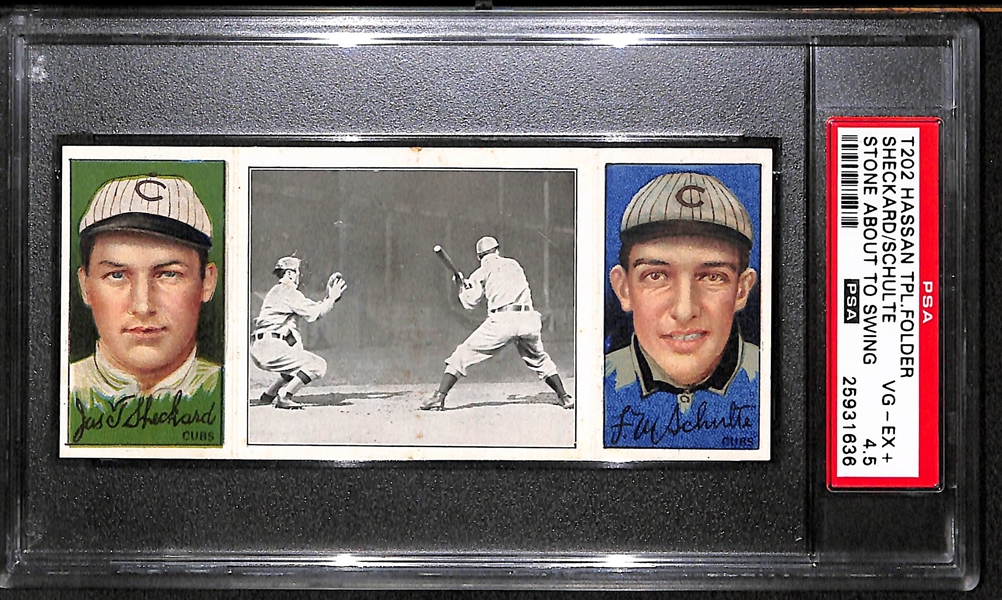 1912 T202 Hassan Triple Folder Sheckard/Schulte, Stone About to Swing - PSA 4.5