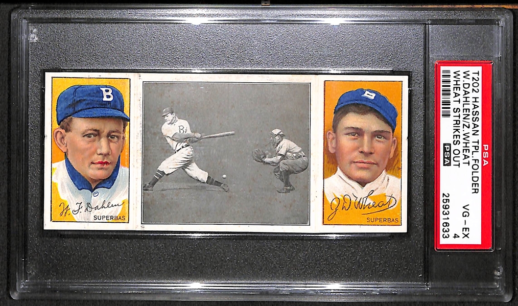 1912 T202 Hassan Triple Folder W.Dahlen/Z.Wheat, Wheat Strikes Out - PSA 4