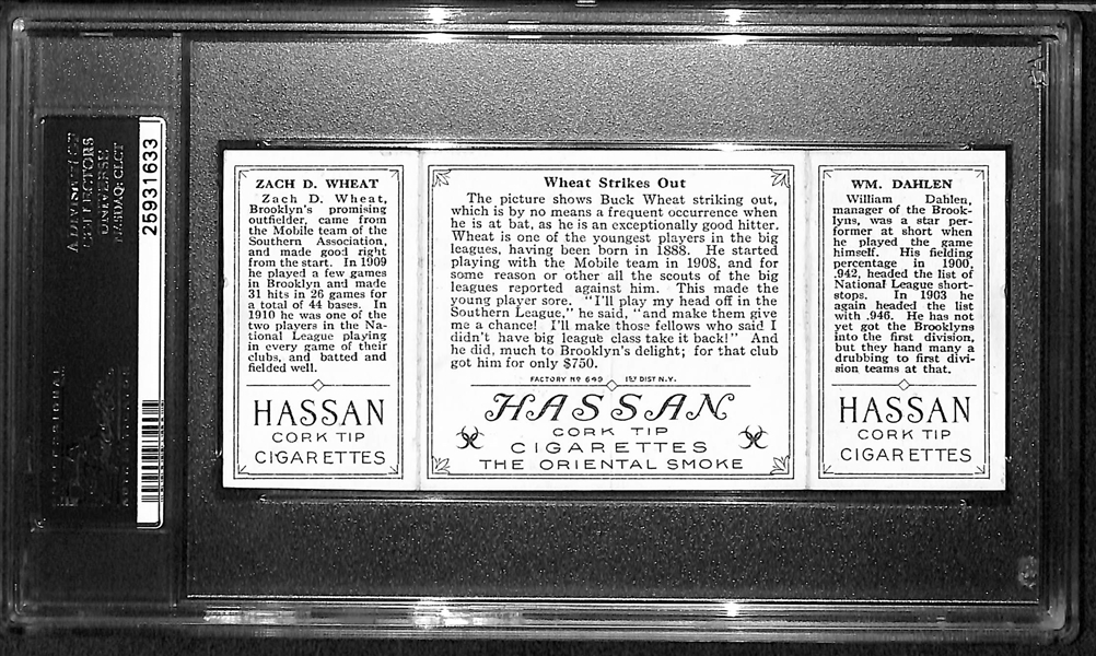 1912 T202 Hassan Triple Folder W.Dahlen/Z.Wheat, Wheat Strikes Out - PSA 4