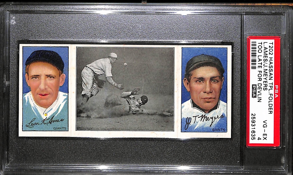 1912 T202 Hassan Triple Folder L.Ames/J.Meyers, Too Late for Devlin - PSA 4