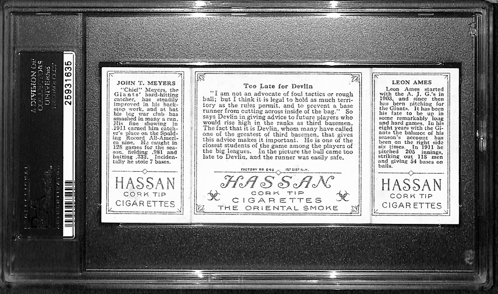 1912 T202 Hassan Triple Folder L.Ames/J.Meyers, Too Late for Devlin - PSA 4