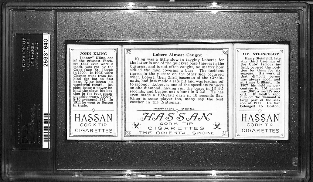 1912 T202 Hassan Triple Folder Steinfeld/Kling, Lobert Almost Caught - PSA 4