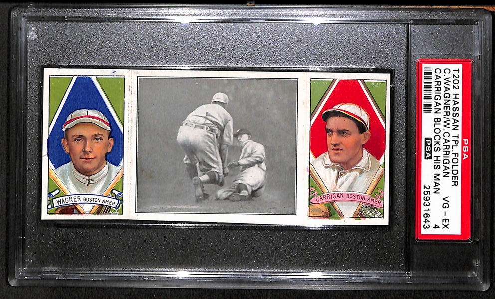 1912 T202 Hassan Triple Folder C.Wagner/W.Carrigan, Carrigan Blocks His Man - PSA 4