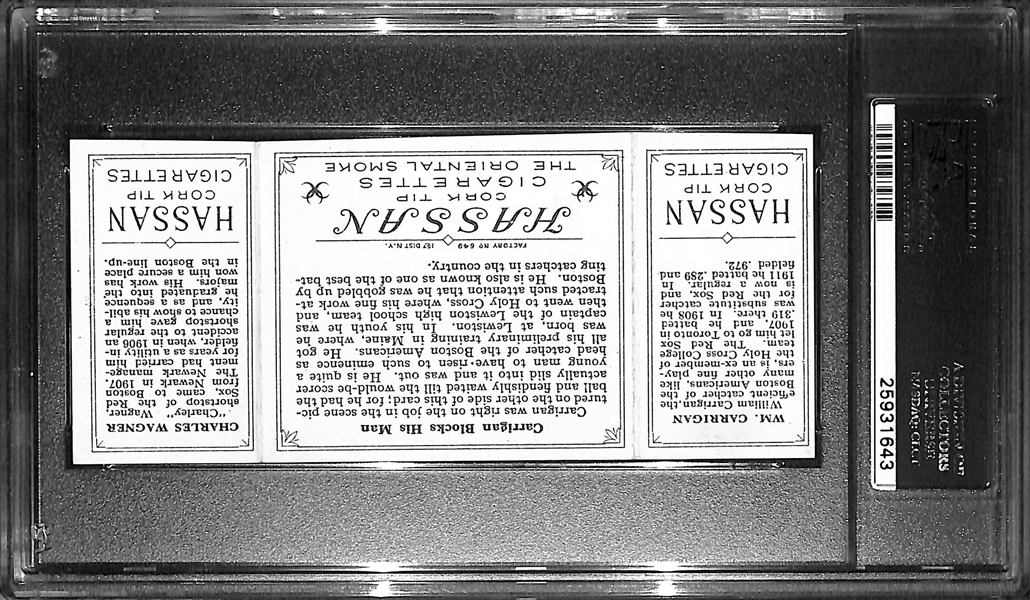 1912 T202 Hassan Triple Folder C.Wagner/W.Carrigan, Carrigan Blocks His Man - PSA 4