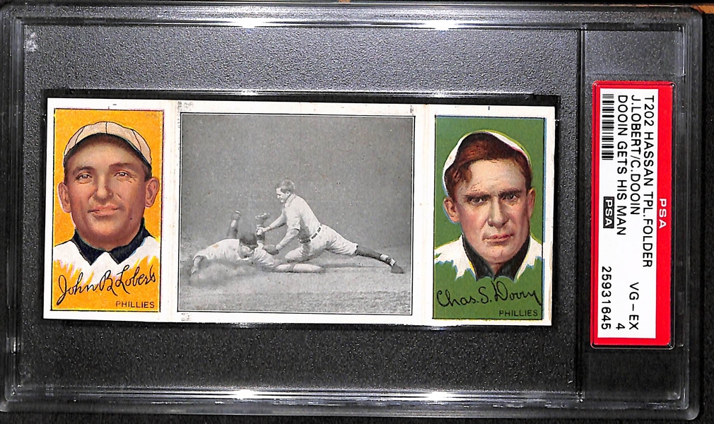 1912 T202 Hassan Triple Folder J.Lobert/C.Dooin, Dooin Gets His Man - PSA 4