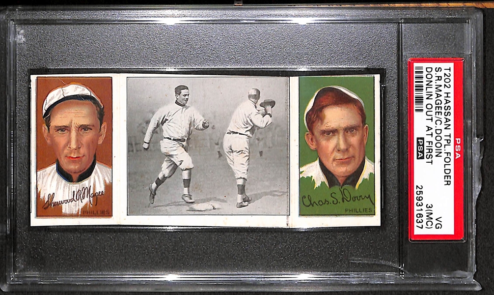 1912 T202 Hassan Triple Folder S.R.Magee/C.Dooin, Donlin Out at First - PSA 3 (MC)