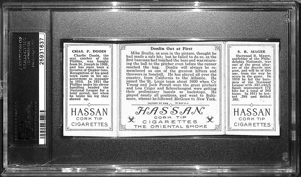 1912 T202 Hassan Triple Folder S.R.Magee/C.Dooin, Donlin Out at First - PSA 3 (MC)