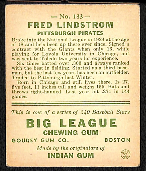 1933 Goudey #133 Fred Lindstrom (HOF) Card