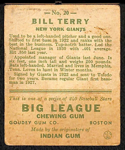 1933 Goudey #20 Bill Terry (HOF) Card