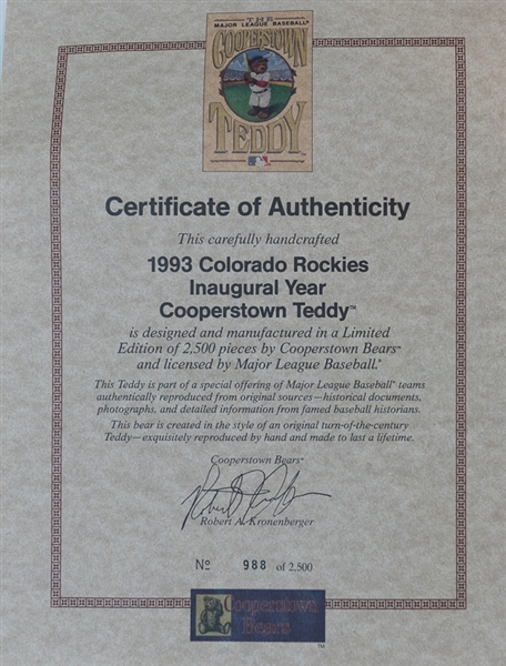 1993 Colorado Rockies Inaugural Year Cooperstown Teddy Bear