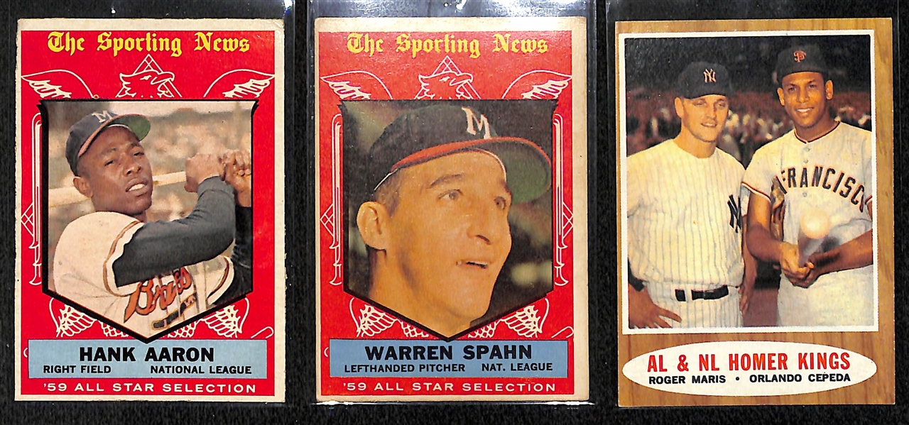 Lot of (3) - Two 1959 Topps All-Star #571 Warran Spahn & #561 Hank Aaron Cards and One 1962 #401 Homer Kings Card