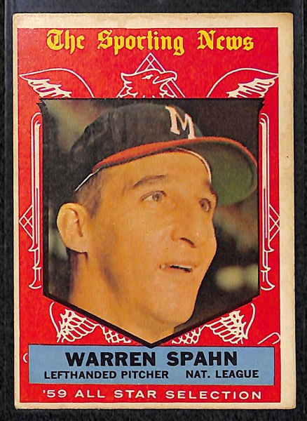 Lot of (3) - Two 1959 Topps All-Star #571 Warran Spahn & #561 Hank Aaron Cards and One 1962 #401 Homer Kings Card