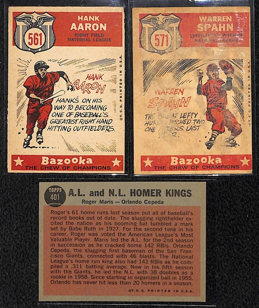 Lot of (3) - Two 1959 Topps All-Star #571 Warran Spahn & #561 Hank Aaron Cards and One 1962 #401 Homer Kings Card