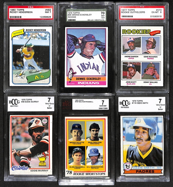 Lot of 6 Baseball Graded Rookie Cards from 1970/80s w. Rickey Henderson