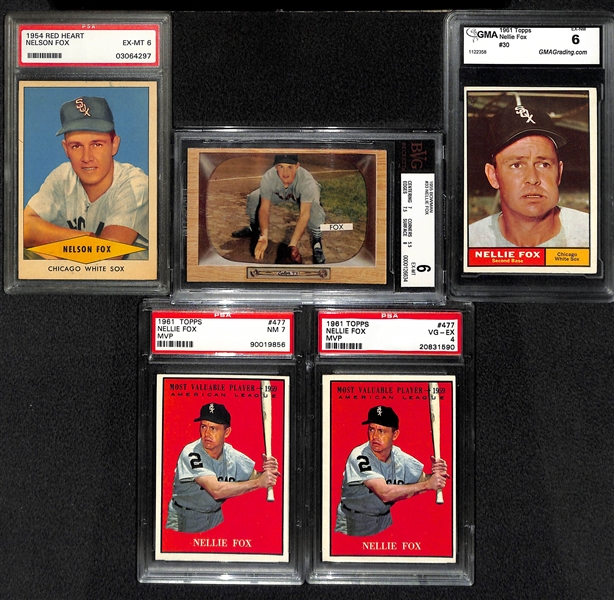 Lot Of 5 Nellie Fox Graded Cards w. 1954 Red Heart