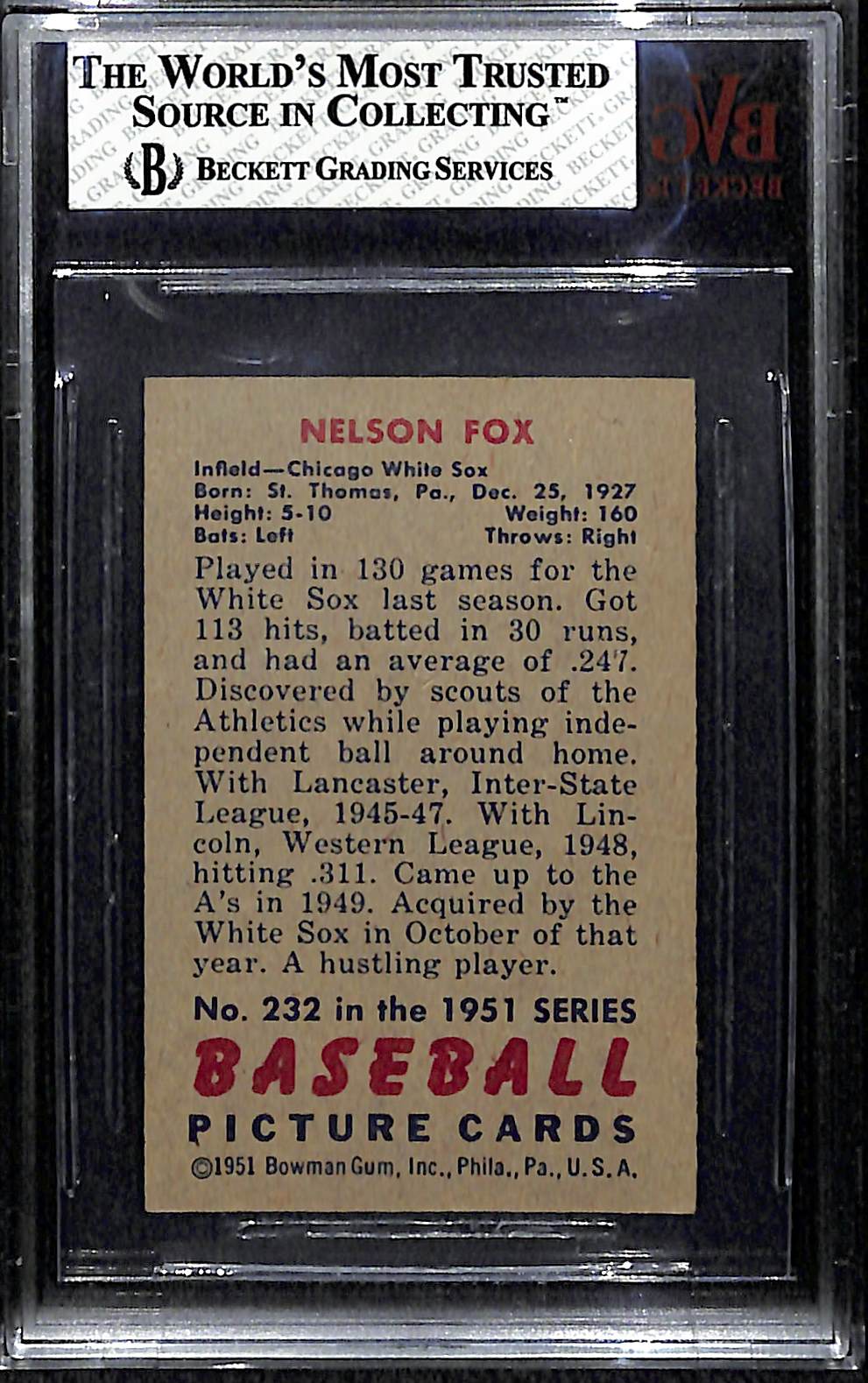 Lot Detail - 1951 Bowman #232 Nellie Fox Rookie Card BVG 4.5