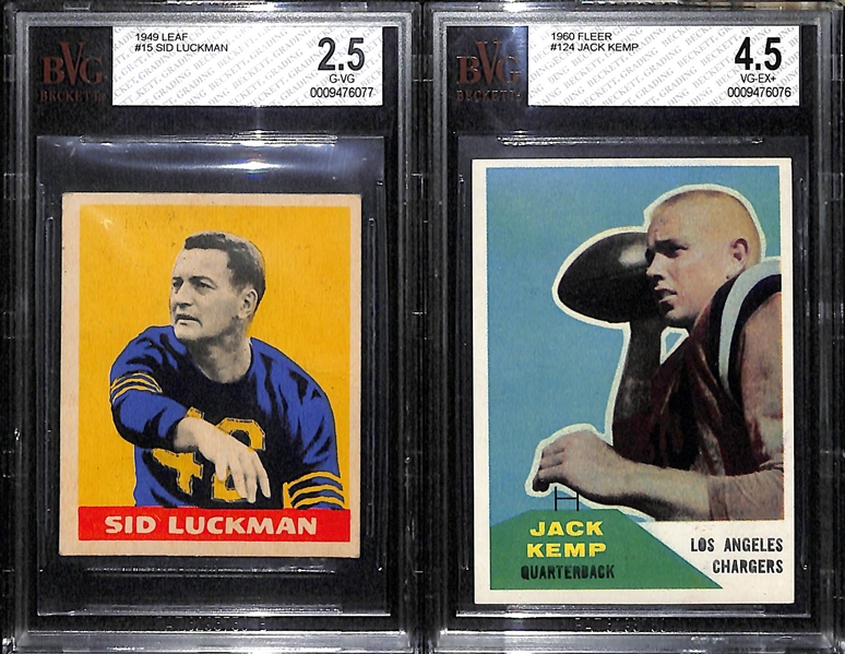 Lot of 2 - 1949 Leaf #15 Sid Luckman - BVG 2.5 & 1960 Fleer #124 Jack Kemp Rookie Card - BVG 4.5