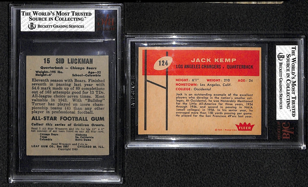 Lot of 2 - 1949 Leaf #15 Sid Luckman - BVG 2.5 & 1960 Fleer #124 Jack Kemp Rookie Card - BVG 4.5