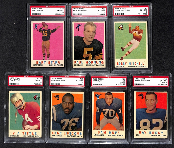 Lot of 7 1959 Topps Football Cards w. Bart Starr & Paul Hornung - PSA Graded