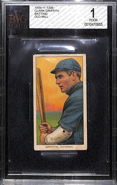 1909 T206 Clark Griffith Old Mill Factory 25 Back (Batting) - BVG 1