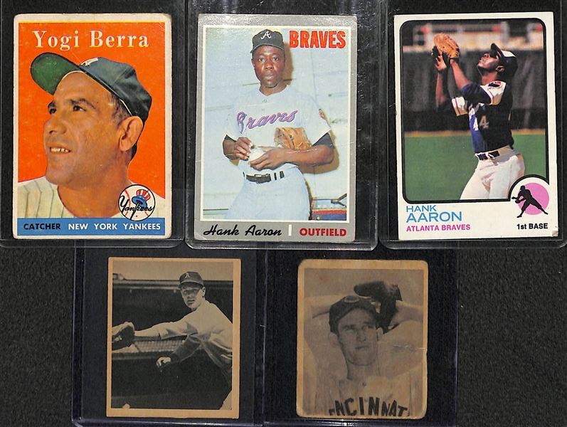 Lot of 5 Star Baseball Cards w. 2 - 1970s Hank Aaron & 1958 Yogi Berra Cards