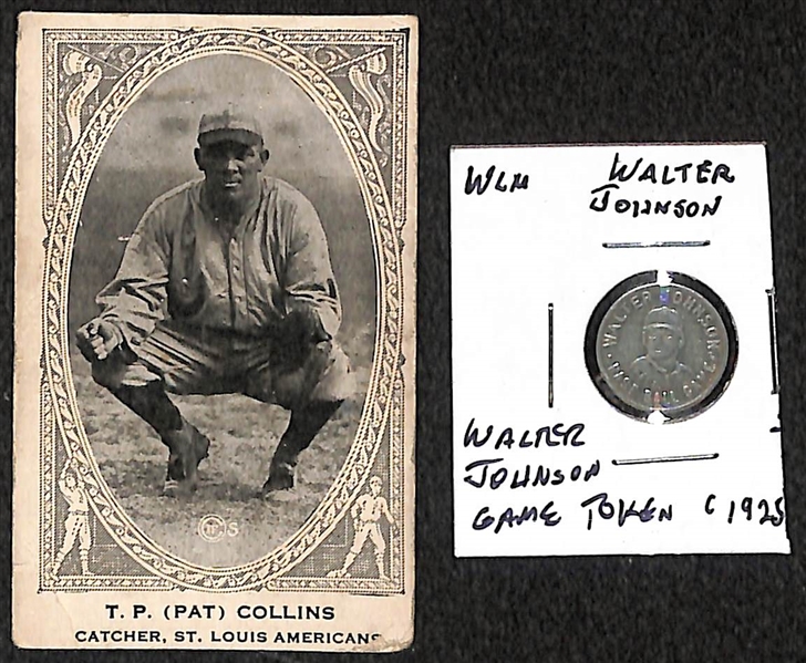 1920s Baseball Lot - Walter Johnson Game Token and 1922 W573 T.P. (Pat) Collins