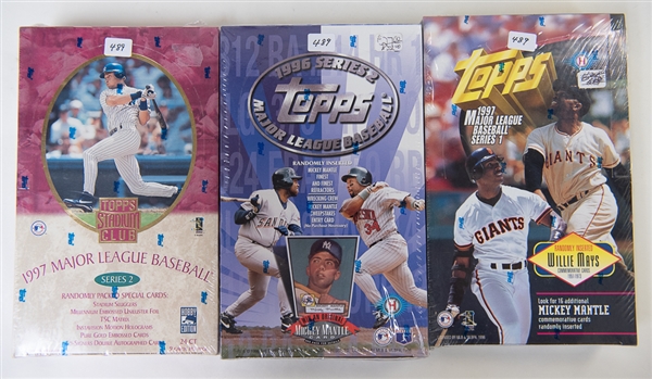 Lot of 3 Baseball Sealed Wax Boxes - 1996 Topps Series 2, 1997 Topps Series 1, & 1997 Topps Stadium Club