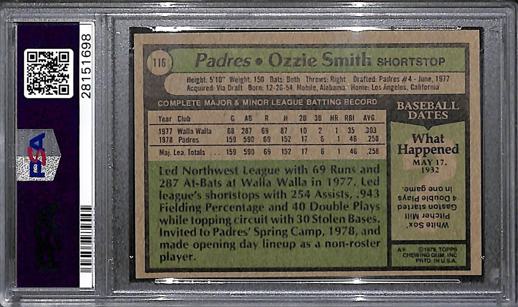  1979 Topps Ozzie Smith Rookie Card (HOFer) #116 Graded PSA 8