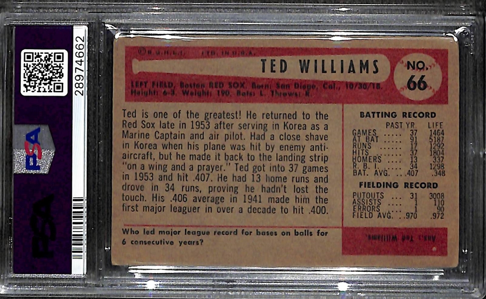 1954 Bowman Ted Williams Card (#66) Graded PSA 3 (VG)