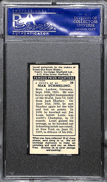 1938 F.C. Cartledge Max Schmeling Famous Prize Fighters Card PSA 9