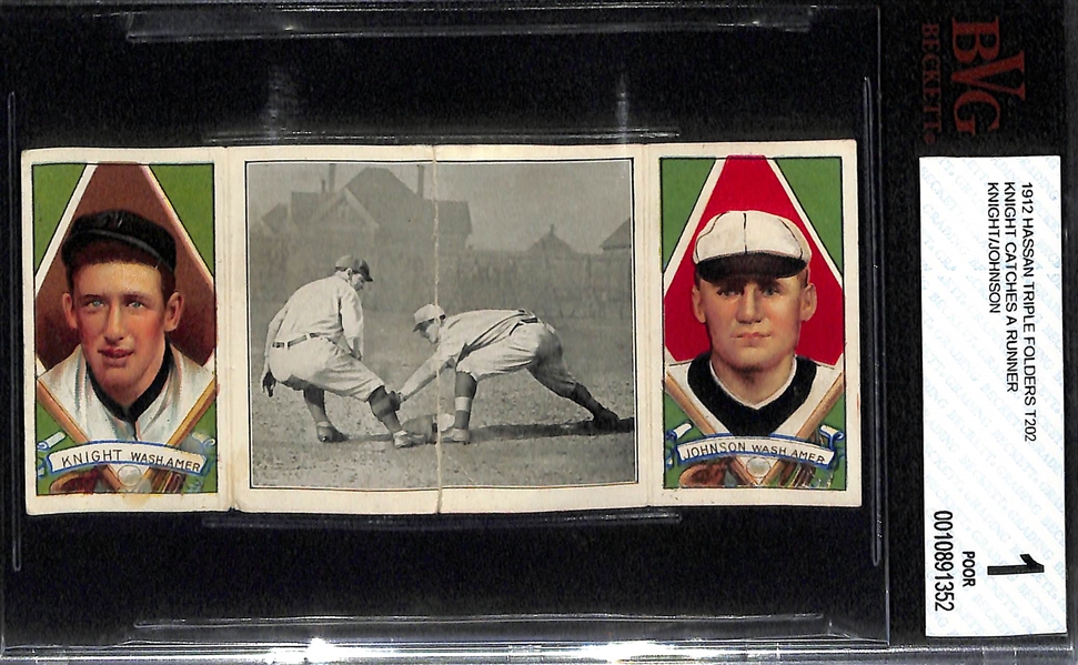 1912 T202 Hassan Triple Folder Walter Johnson Knight Catches A Runner with Jack Knight - BVG 1