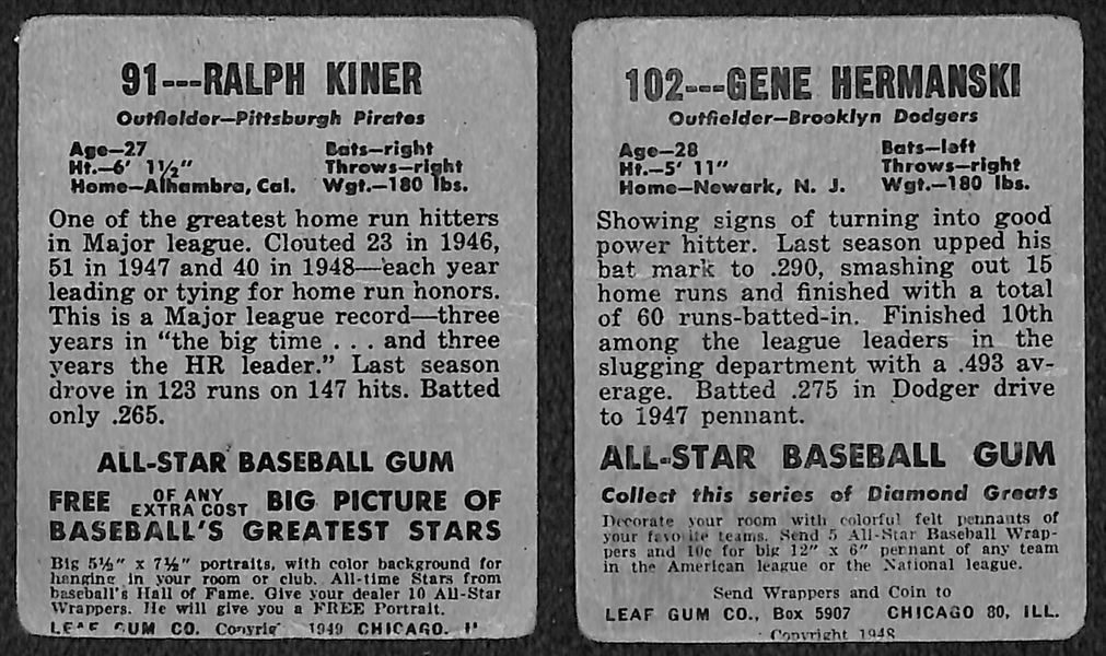 Lot of 2 - 1949 Leaf Baseball Cards - Ralph Kiner & Gene Hermanski