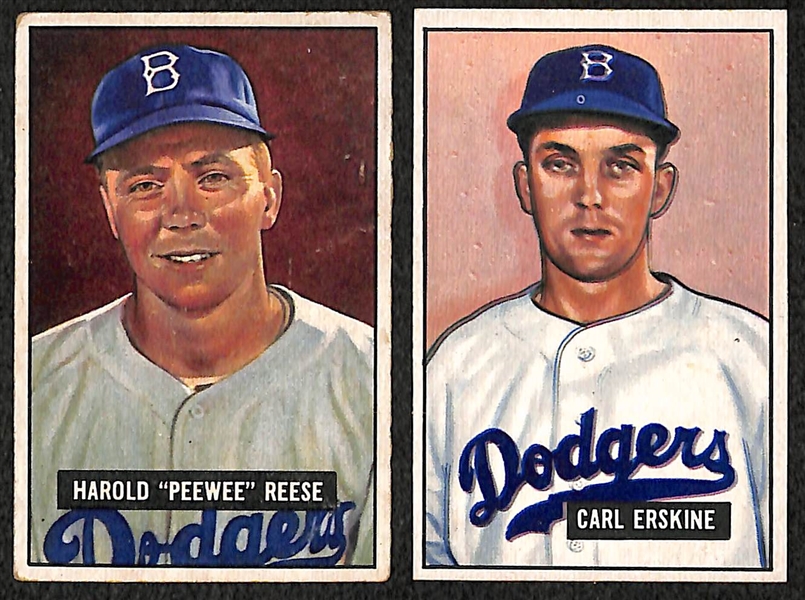 Lot of 2 - 1951 Bowman Baseball Cards - PeeWee Reese & Carl Erskine Rookie Card