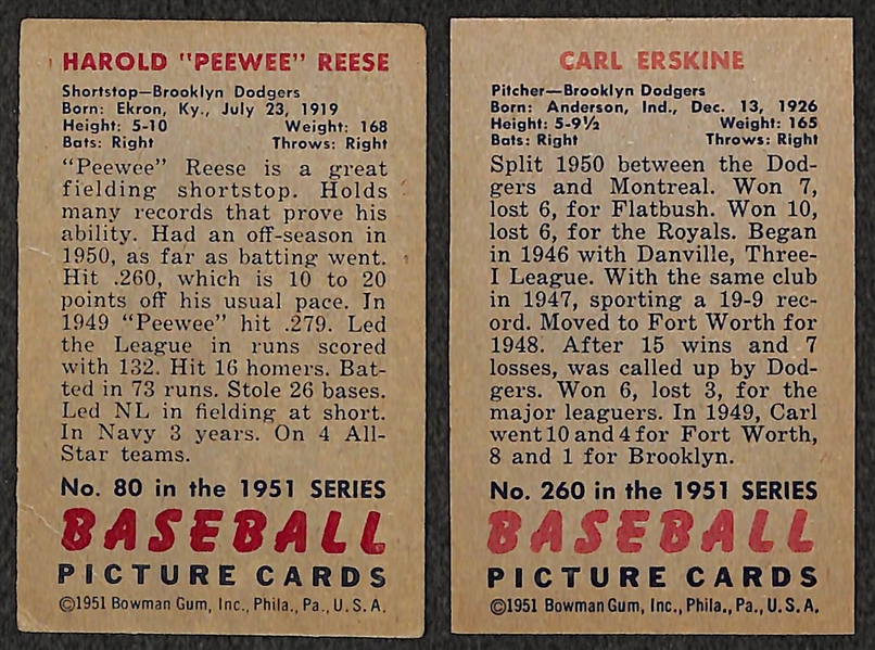 Lot of 2 - 1951 Bowman Baseball Cards - PeeWee Reese & Carl Erskine Rookie Card