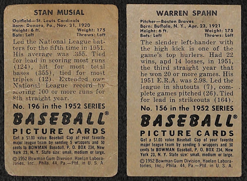 Lot of 2 - 1952 Bowman Baseball Cards - Stan Musial & Warren Spahn