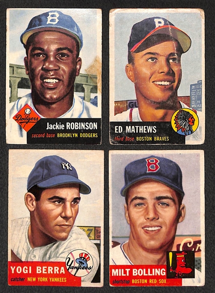 Lot of 4 - 1953 Topps Baseball Cards - J. Robinson, Ed Mathews, Berra & Bolling