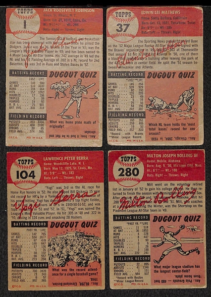 Lot of 4 - 1953 Topps Baseball Cards - J. Robinson, Ed Mathews, Berra & Bolling