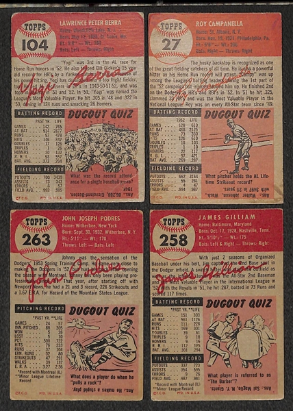 Lot of 4 - 1953 Topps Baseball Cards - Berra, Campanella, Podres Rookie Card, & Gilliam Rookie Card