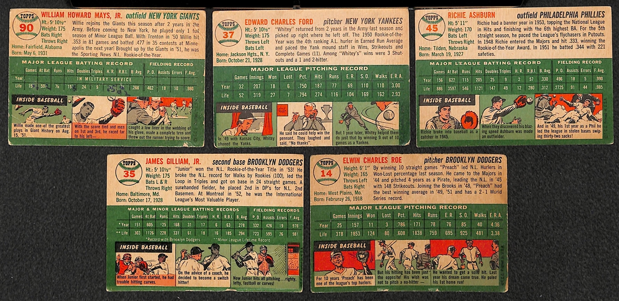 Lot of 5 - 1954 Topps Baseball Cards w. Willie Mays