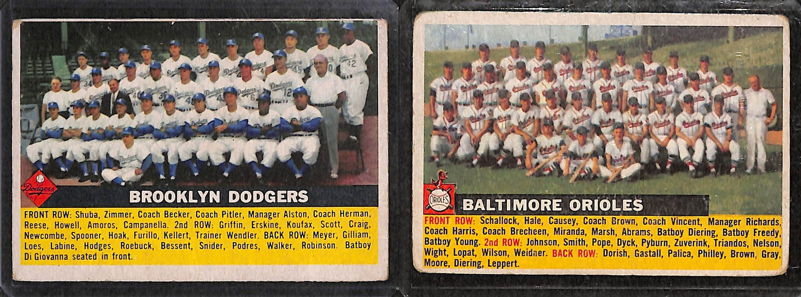 Lot of 8 - 1956 Topps Baseball Cards - 7 Team Cards w. Dodgers & 1st/3rd Checklist Card