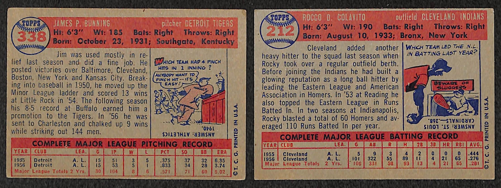Lot of 2 - 1957 Topps Jim Bunning RC & Rocky Colavito RC